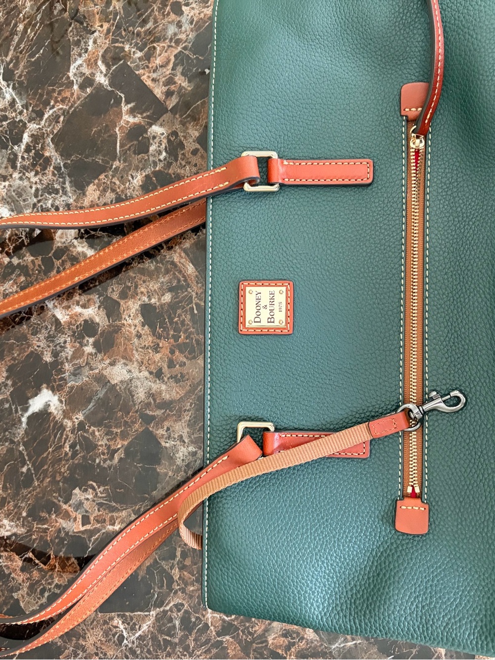 Dooney & Bourke Forest Green Pebbled Leather Tote with Brown Trim - Picture 2 of 8